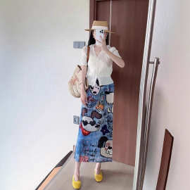 三宅女夏季高腰新款显瘦印花气质褶皱半身裙松紧百搭开叉百褶裙子