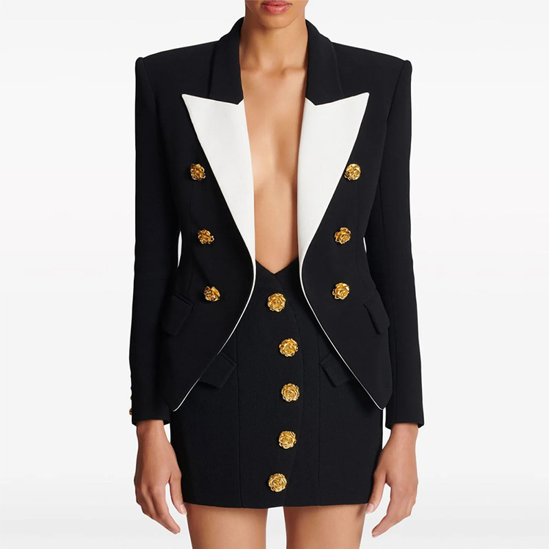 [in Stock] 2026 New European and American Style Color-Block Floral Gold Button Suit Two-Piece Set with High-End V-Neck Slim Fit Jacket