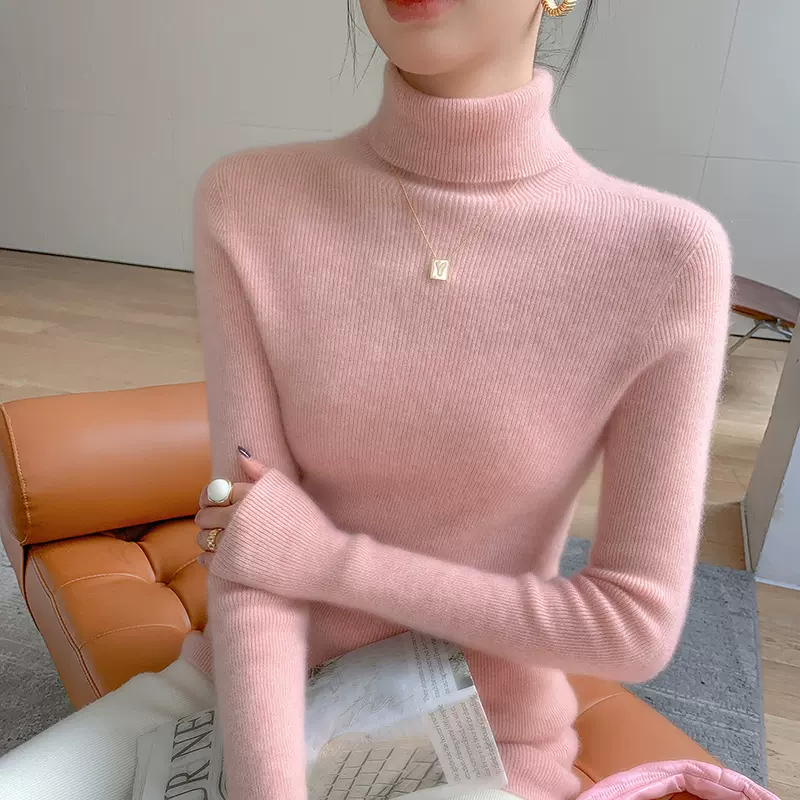 24年秋冬新款山羊绒一线成衣高翻领针织衫纯色抽条修身显瘦打底衫