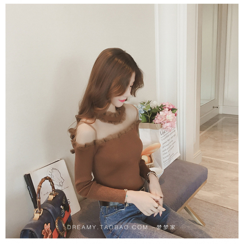 仿针织打底衫女长袖网纱短袖拼接花边小香风秋装新款半高领上衣