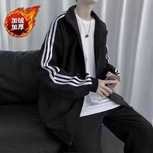 Fashion Brand Autumn and Winter fleece-lined Three Bar Cardigan Sweater Men's All-match New Loose Casual Sports Jacket Men's Wear