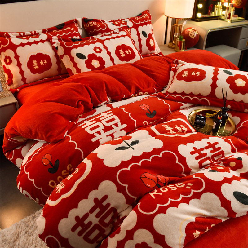 Milk Velvet Wedding Four-Piece Winter Warm Coral Velvet Fleece-Lined Bed Sheetss, Quilt Covers, Fitted Bed Sheetss, Bedding Wholesale and Comfortable