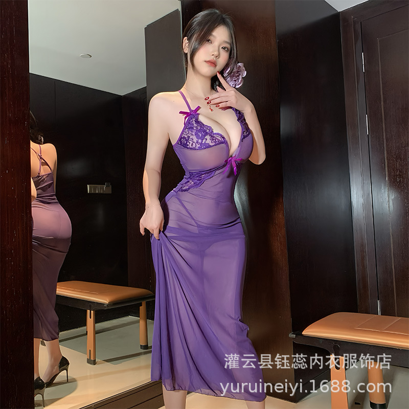 섹시 롱 원피스 섹시 언더웨어 투시 레이스 원피스 나이트 OL 프로 유니폼 나이트 클럽 타이트한 힙 청삼