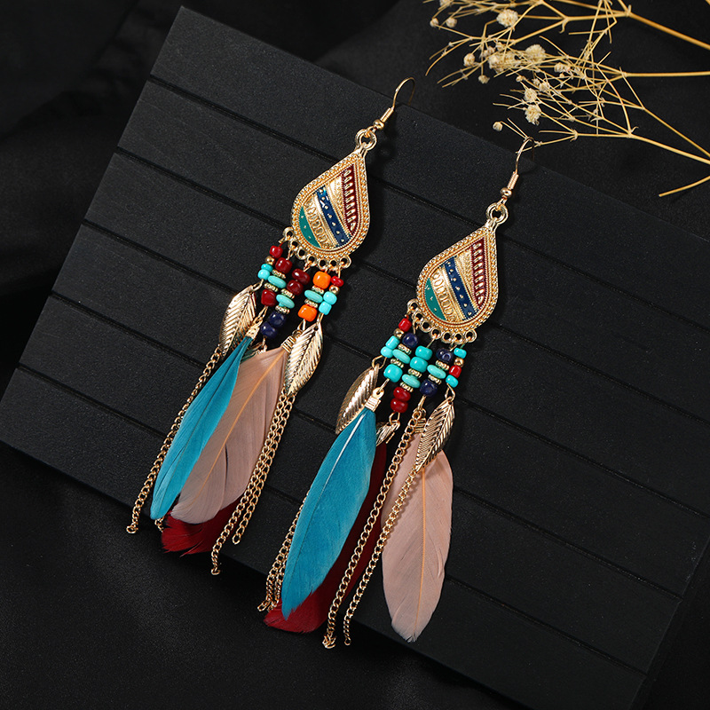 1 Pair Chinoiserie Ethnic Style Classic Style Water Droplets Tassel Alloy Feather Drop Earrings display picture 7