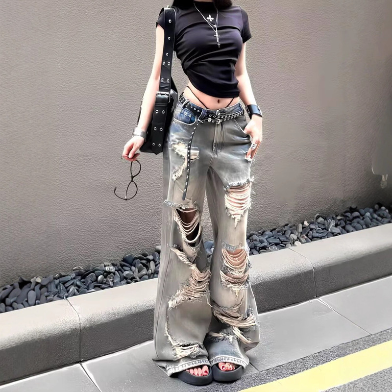 American Retro Ripped Jeans for Girls, Autumn 2025 New Street Style, Lazy Chic Wide-Leg Pants
