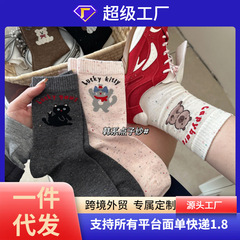 秋冬季韩版卡通黑色猫咪中筒袜点子纱女士袜学院风中筒袜可爱甜美