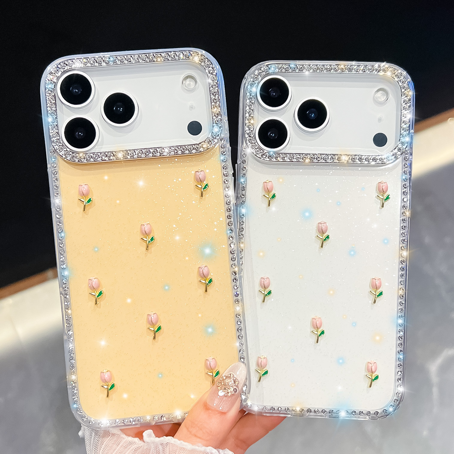 花朵闪钻新款适用苹果17promax手机壳iphone16防摔奢华闪粉保护套