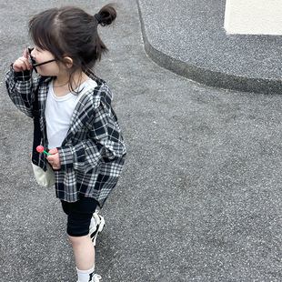 Black Plaid Long-Sleeved Shirt for Girls 2025 New Autum Korean Style Kidsren's Fashionable Plaid Casual Tops Trendy
