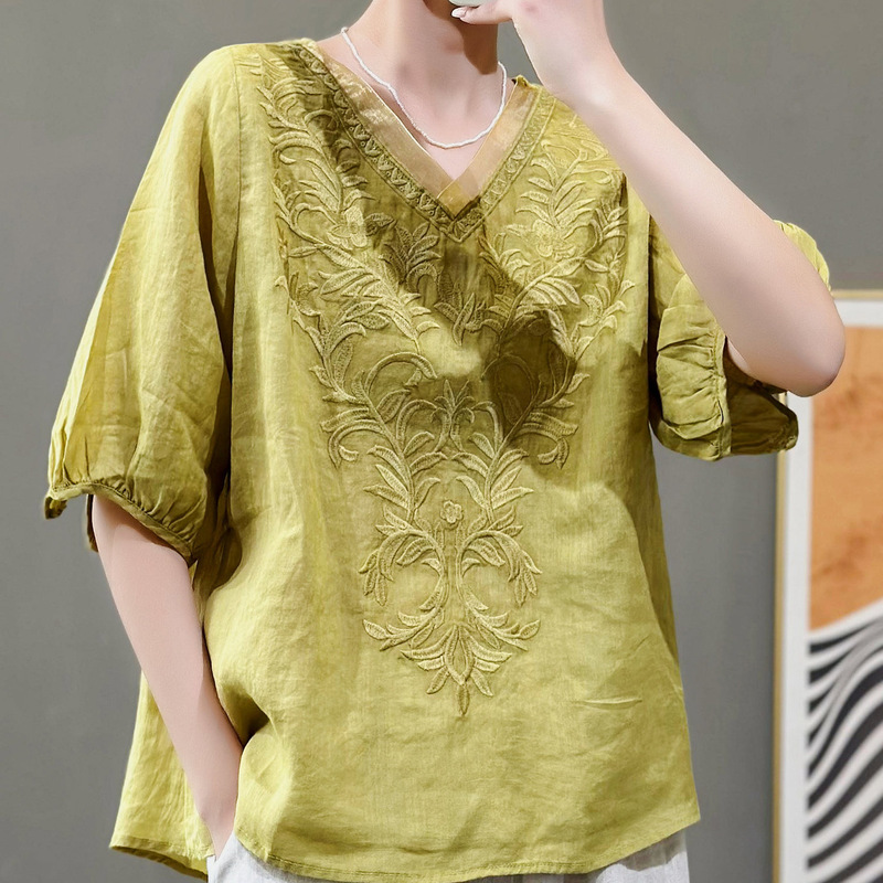 Mid-Sleeve Women's Summer All-Match Fashion Top Vintage Shirt Women's Loose New Cotton Linen Shirt Embroidered Fashion Wholesale