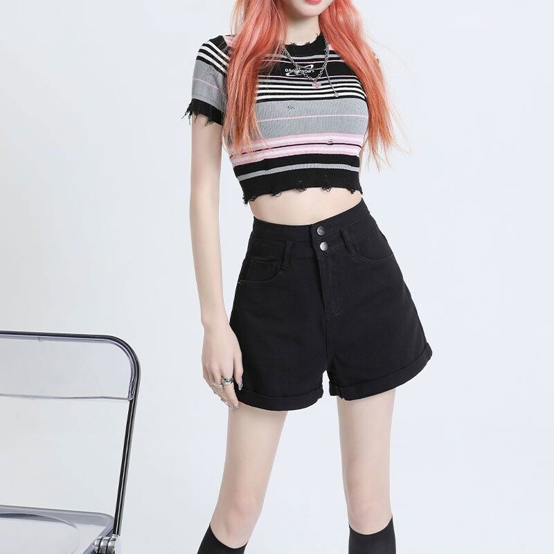 Black Rolled-Edge Denim Shorts for Women, 2026 Summer New Style, High-Waisted, Loose-Fitting, Slimming, Hot Girl A-Line Wide-Leg Hot Pants