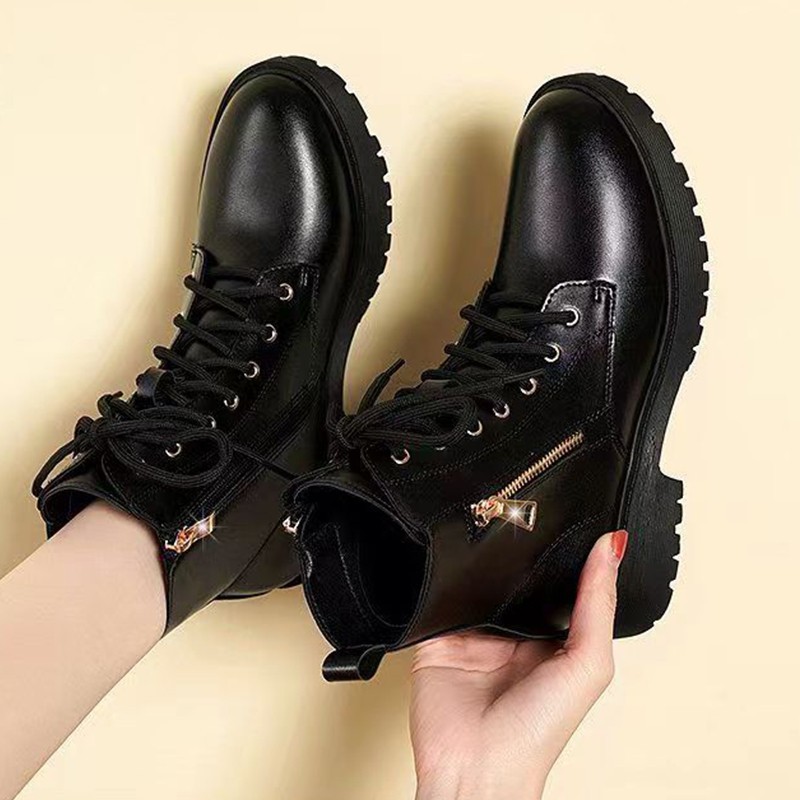 Non-Slip Soft Leather Women's Martin Boots 2026 Autumn and Winter New Style Comfortable and Warm Thick-Heeled Women's British Style Versatile Boots