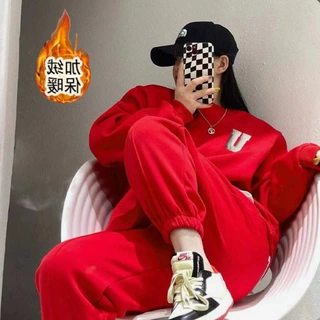 加绒加厚休闲时尚运动套装女秋冬季欧美站新款宽松卫衣长裤两件套