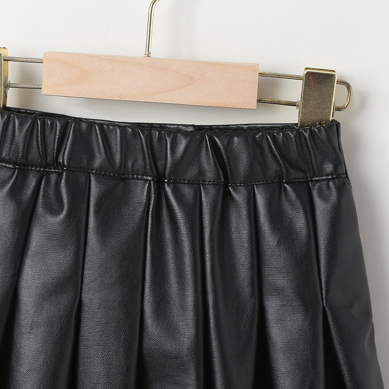 Jupe trapèze noire plissée en cuir PU solide pour enfants, mode coréenne, printemps et automne_voghion.com