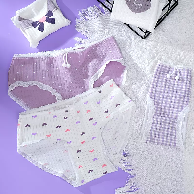 纯欲香芋紫甜美可爱少女内裤中腰三角裤印花纯棉内裆中腰女士内裤