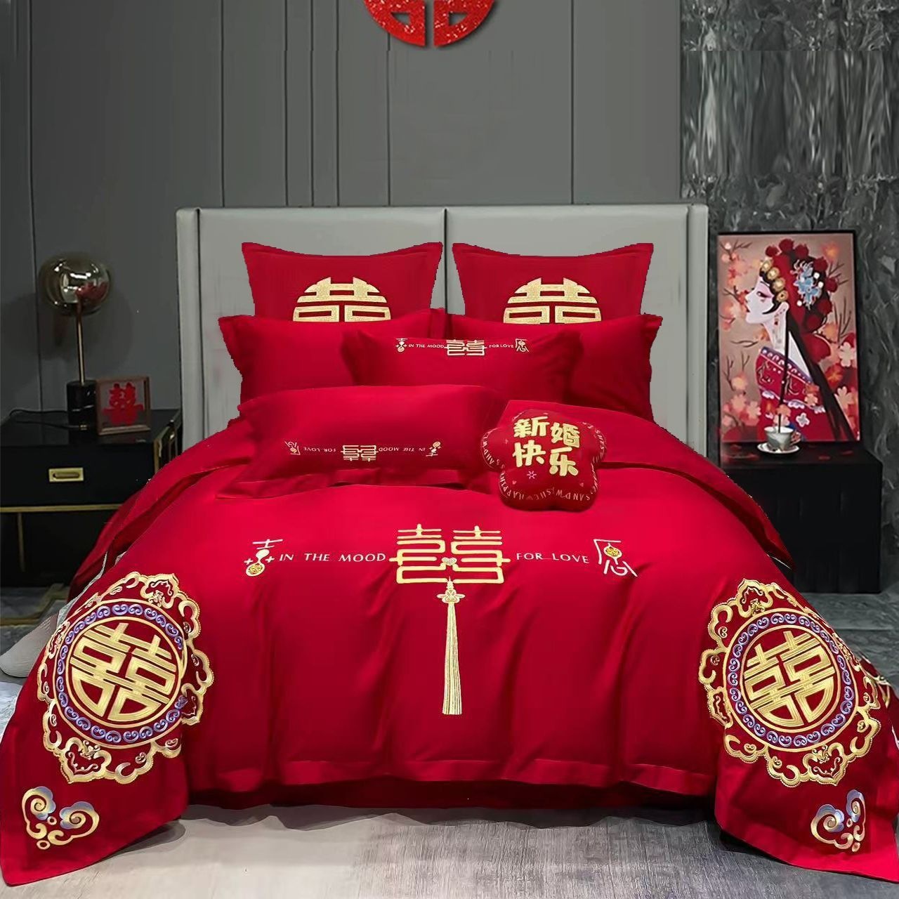 Cuatro piezas de boda china dragón-fénix bordado sábanas de boda rojas casa de boda colcha de cama image 20