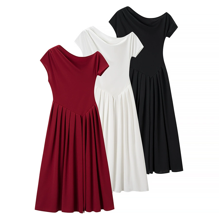 Летнее платье PB&ZA для женщин 2025 года, элегантного стиля, с высокой талией, однотонное, с круглым вырезом и косым плечом, коротким рукавом.