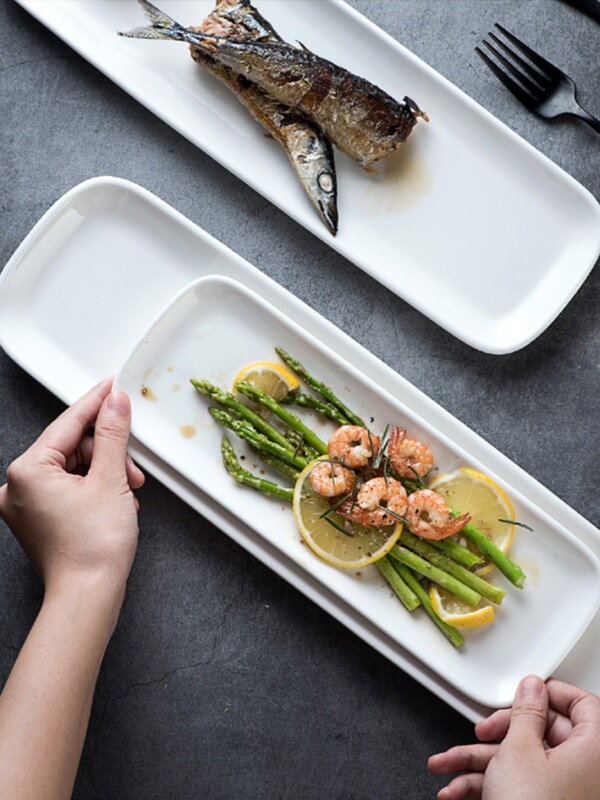 White Ceramic Creative Long Plate Household Sushi Plate Rectangular Japanese Dumpling Plate Western Snack Plate S^