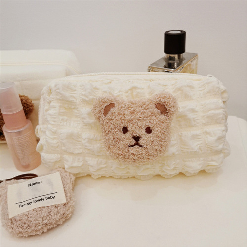 Korean style ins style cute plush bear head puff grid children's pencil bag bag kindergarten baby stationery storage bag
