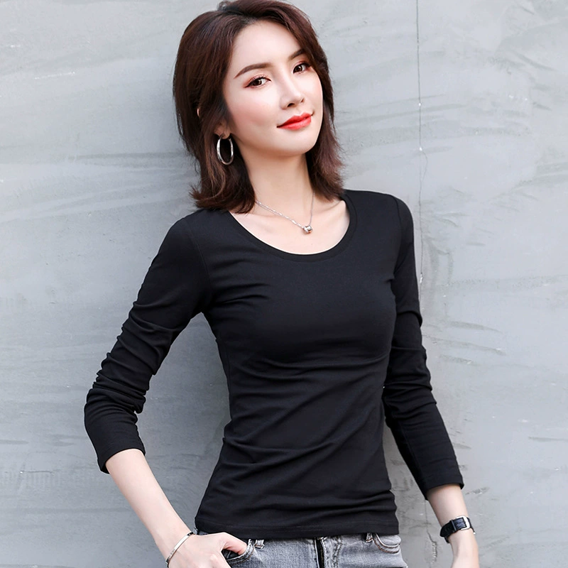 Весенне-осенняя однотонная футболка с длинными рукавами и круглым вырезом для девочек, эластичная рубашка большого размера, новая облегающая универсальная верхняя рубашка с тонким низом