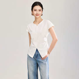 2603609-南油针织棉收腰显瘦设计感抽褶小飞袖开衩T恤上装夏新款