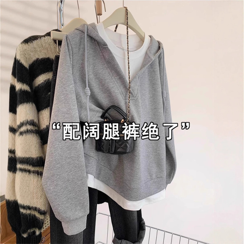 美式慵懒假两件拼接连帽卫衣女早秋穿搭宽松休闲百搭时尚外套上衣|undefined