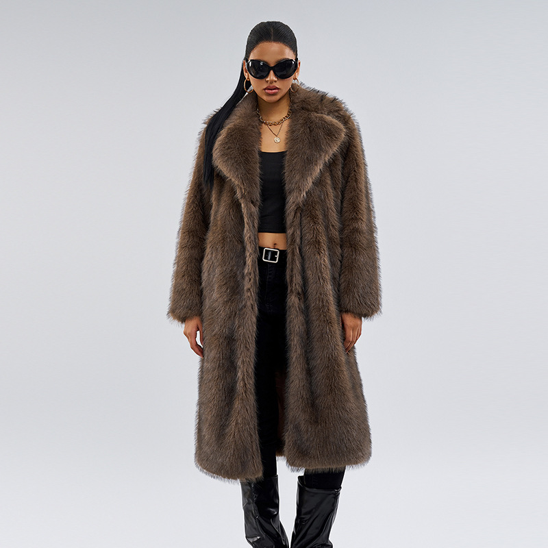 Women's Faux Fox Fur Long Coat – Winter Elegance Jacket With Luxe Collar (Brown, S/M/L/XL/XXL)_voghion.com