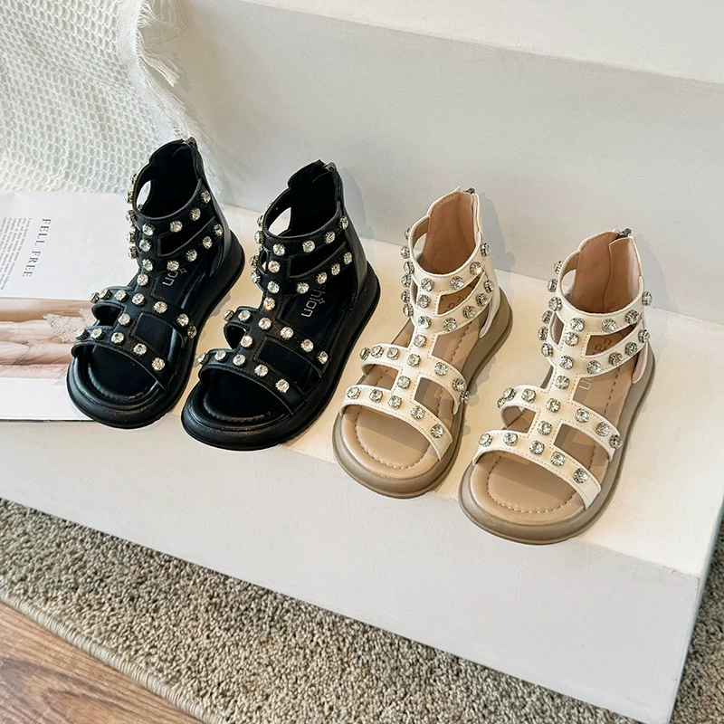Девушки модные стразы высокие римские сандалии 2024 Летние новые мягкие подошвы