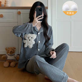 秋冬高质量长袖羊绒睡衣女毛绒小熊韩系卡通开衫家居服套装