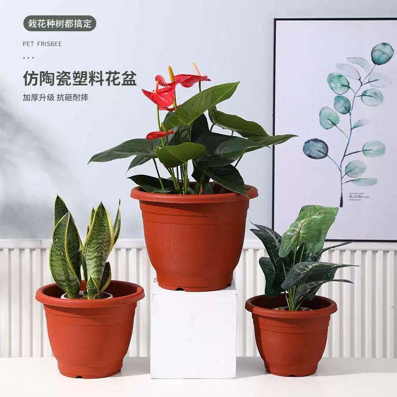 新款圆形阳台大号花盆树脂加厚育苗盆红色仿陶土园艺塑料加仑盆