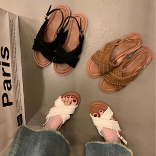 Flat Sandals Women 2024 New Summer Retro Ethnic Fairy Night Breeze Bohemian Beach Outer Wear Slippers