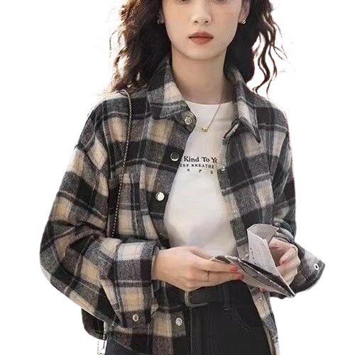 Canton-style crew neck sweater, brushed and loose women's plaid short-length long-sleeved coat, youthful and age-defying.
