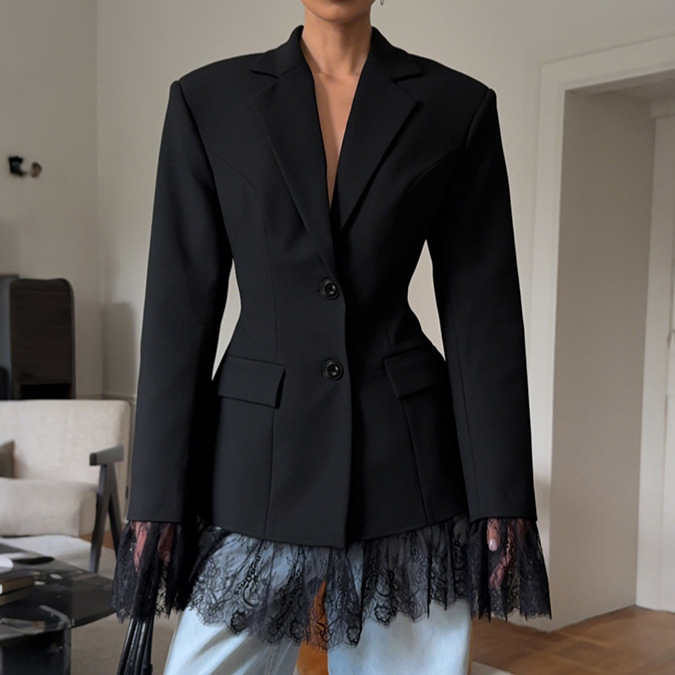 Gentle Style Niche Design Black Blazer for Women, Spring Season Slim Fit Waist-Cinching Long-Sleeve Lace Patchwork Suit Gentle Style Niche Design Black Blazer for Women, Spring Season Slim Fit Waist-Cinching Long-Sleeve Lace Patchwork Suit