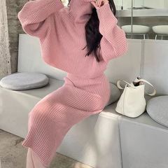 セレブ風お洒落な高級ニットセーターワンピースツーピースセット、小香風オフィススーツ、女性用秋服