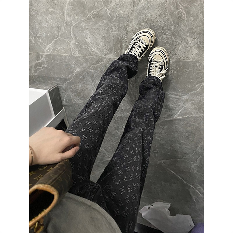 American Style High Street Ripped Jeans Men's Autumn Jacquard Design Sense Parisian Style Trendy Brand Casual Straight Pants