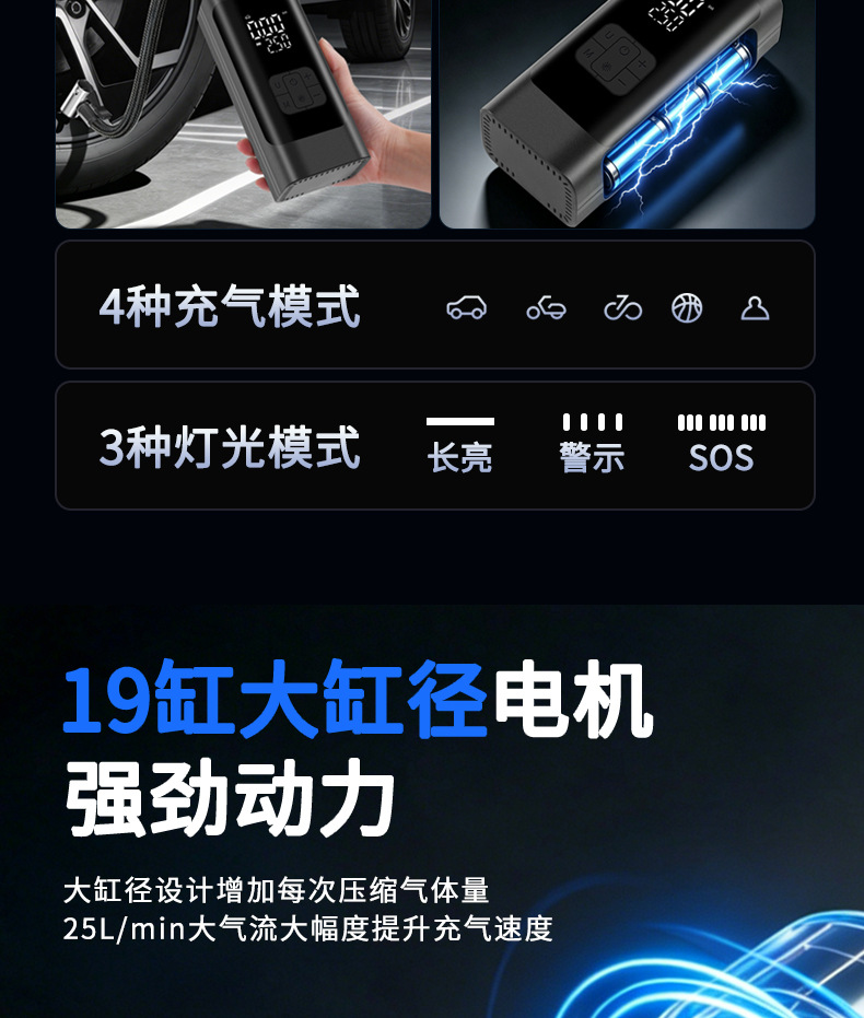 Cross-border wireless digital display car air pump with automatic start/stop, high-power 12V tire inflator