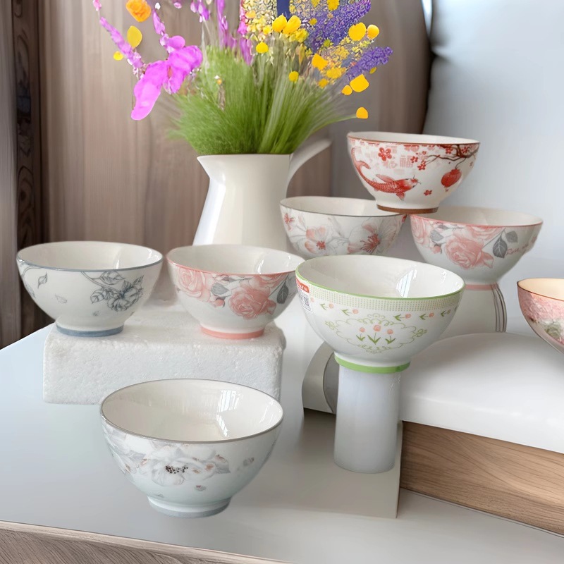 Fresh Style Ins Japanese Style Household Anti-scalding Ceramic Tall Japanese Style Rice Bowl Underglaze Color Soup Bowl Dishwasher