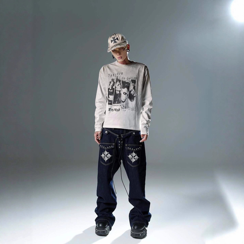Cross-Border Early Autumn New Round Neck Long-Sleeved Pullover T-Shirt Dark Style Y2K Harajuku Retro Men and Women Same Style Export Wholesale