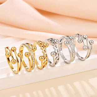 Geometric beads stainless steel, brand small design golden ring, light luxury style, trend of season