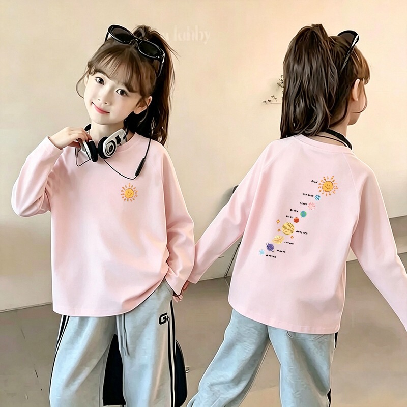 Women's pink printed long-sleeve T-shirt top, new autumn style, suitable for young people and older children as a base layer shirt