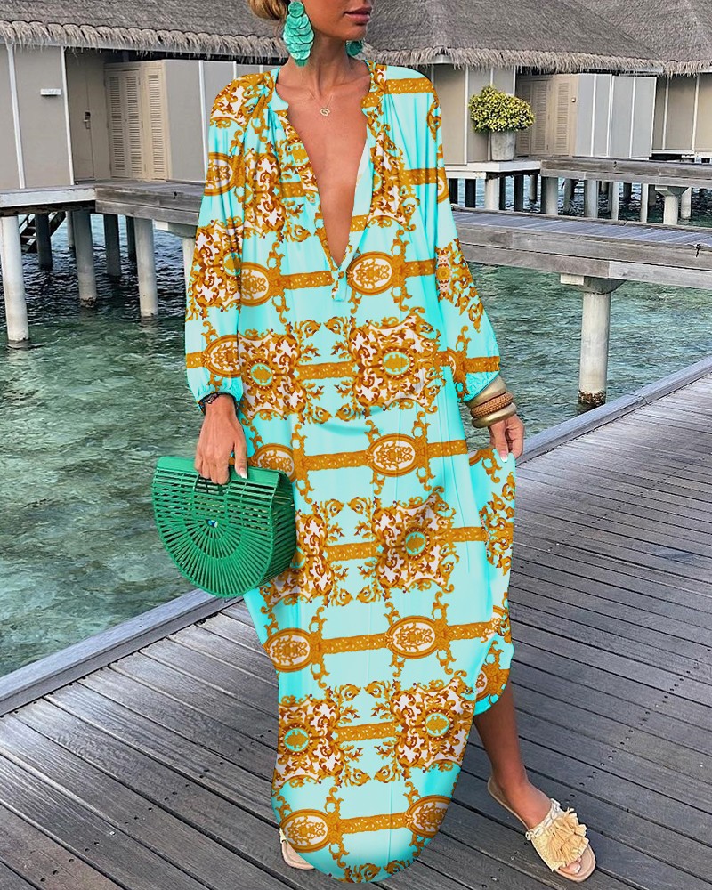 Women's Irregular Skirt Tropical V Neck Printing Contrast Binding Long Sleeve Color Block Maxi Long Dress Daily display picture 5