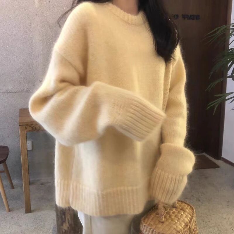 Chuyun Super Fairy Milk Yellow Sweater Women's Loose Lazy Style Round Neck Versatile Sweet Autumn and Winter New Outer Wear Thickened