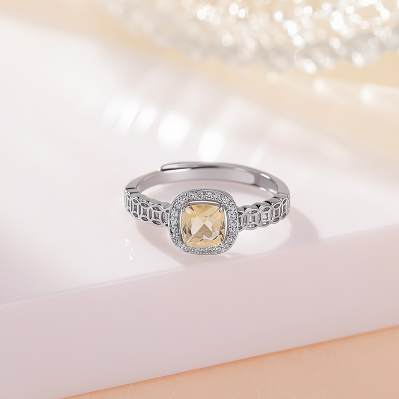 Nhẫn nữ bạc S925 mạ vàng đính đá cubic zirconia hình vuông mặt xu, kiểu mở điều chỉnh — Loại bạc
