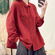 棉纱长袖衬衫2025日系森女系翻领单排扣刺绣口袋百搭宽松上衣女