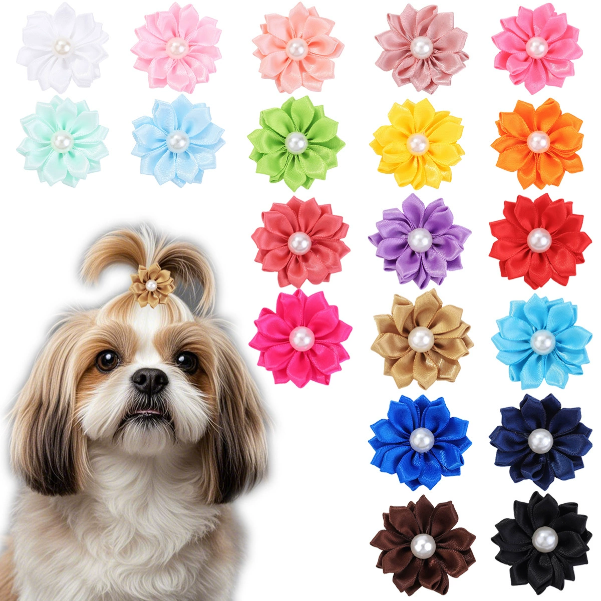 Amazon Pet Новые 1,6 дюйма Йоркширские цветы имитация бисера резиновая лента длинношерстная собака лепестки украшения