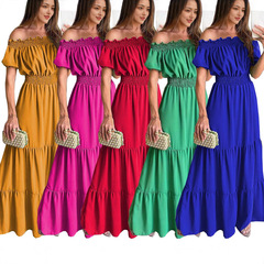 速賣通跨境歐美外貿新款夏季一字領短袖長款女裝7色抽褶連衣裙女