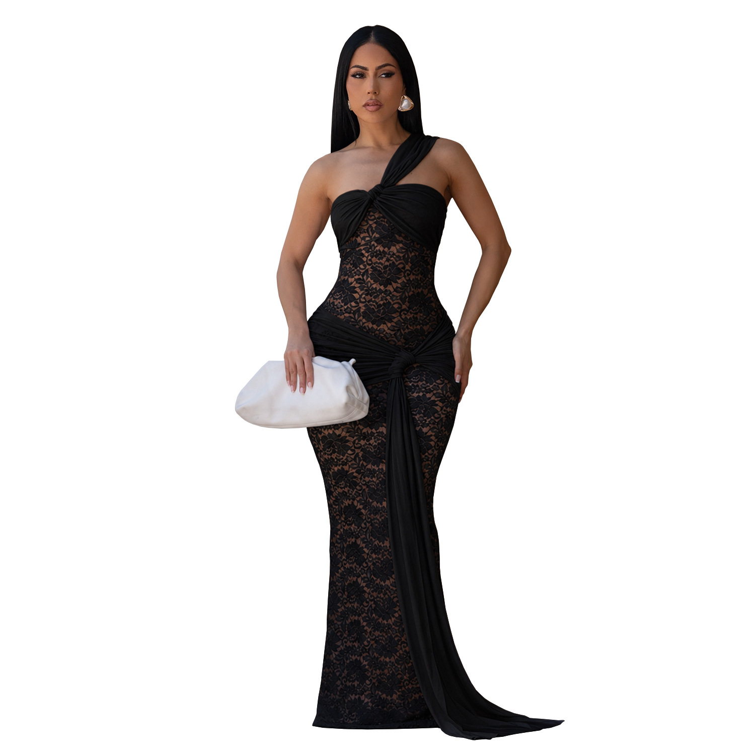 C7692 Aliexpress transfronterizo Amazon Europa y América ropa de moda femenina de encaje sexy vestido de hombro inclinado image 7