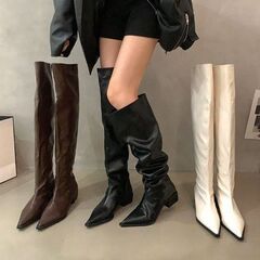 粗跟黑色过膝堆堆长筒长靴女鞋2025年新款秋冬季尖头瘦瘦骑士靴子