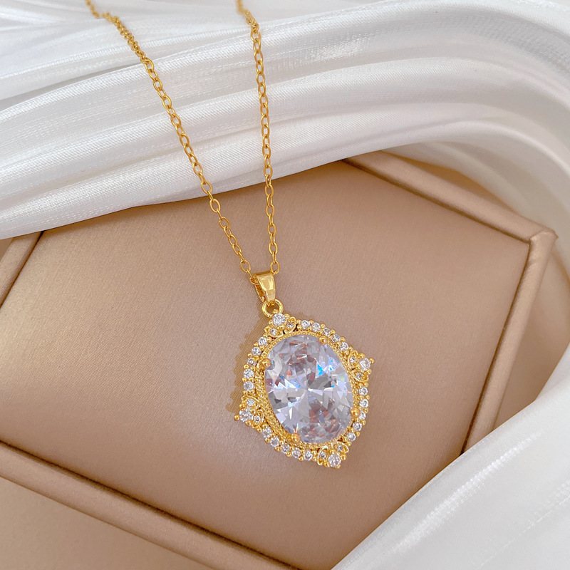 【 Titanium Steel 】 Necklace and earring set, light luxury heavy Industry, Oval Full diamond, personalized and elegant banquet earrings and necklaces pic 16