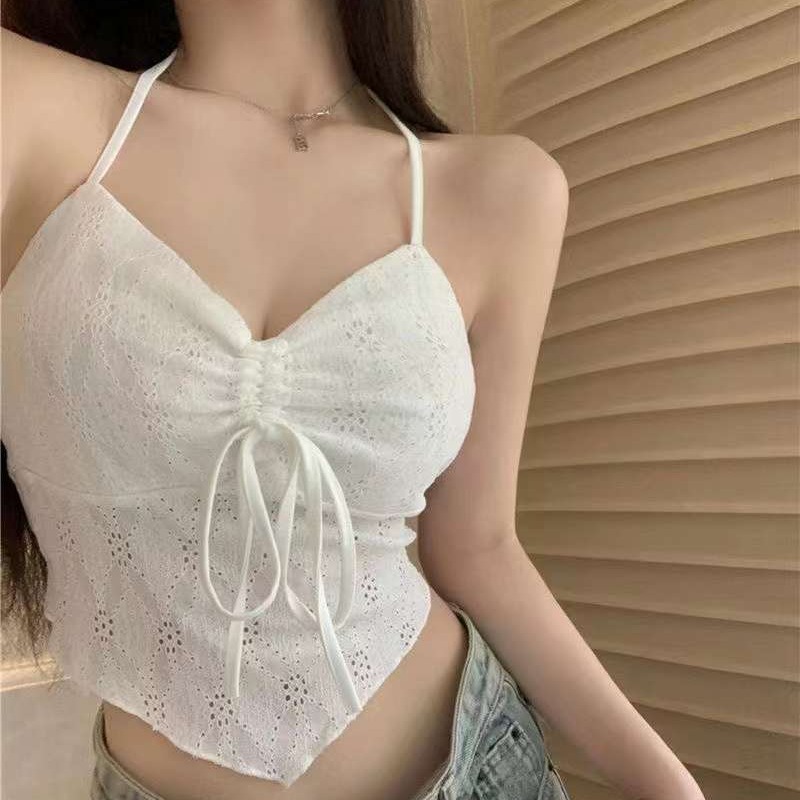 纯欲性感蕾丝挂脖绑绳吊带蝴蝶结设计感辣妹带胸垫抹胸美背上衣女