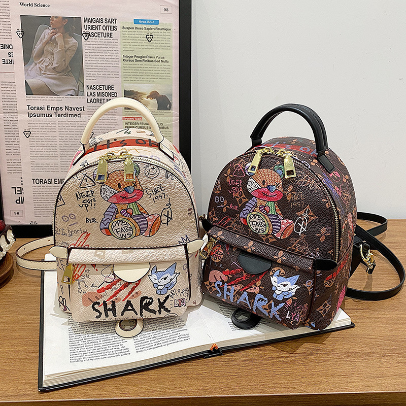 New Fashionable And Stylish Cute Little Bear Graffiti Printed Backpack Internet Celebrity Trendy Handbag Simple Backpack_voghion.com